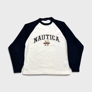 Sudadera informal vintage de vellón Nautica para hombre pequeña blanca deletreada años 90 pulóver - Imagen 1 de 7