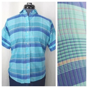 Vintage Best Choice Blue Plaid Button Down Top Size Small 36" Bust - Picture 1 of 10