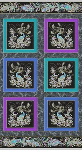 BERNARTEX FABRIC - PEACOCK FLOURISH - BLOCKS - BLACK - Picture 1 of 1