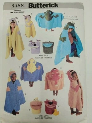 Butterick 3488 Childs hooded Bath Towels Wash Mitts 4 Designs Sewing Pattern - Image 1 of 3