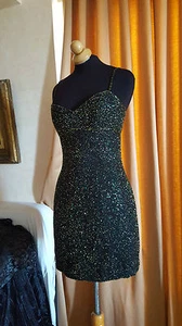 VTG 80s 90s BEADED NITELINE BLACK SILK MINI  GLAM COCKTAIL PARTY DRESS SZ 2 S - Picture 1 of 11