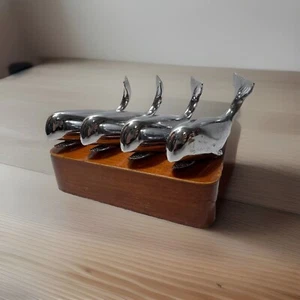 Vintage Whales Nautical Decor 4 Solid Stainless Steel Sperm Whales Wood Stand - Picture 1 of 14
