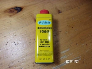 SLIGHTLY USED FULL VTG DR SCHOLLS BROMIDROSIS POWDER TIN 1968 2 OZ RED YELLOW - Picture 1 of 8