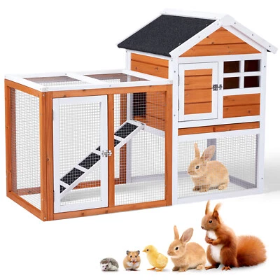 Wooden Rabbit Hutch Outdoor Chicken Coop Indoor Bunny Cage with Run Pet House - Image 1 of 4