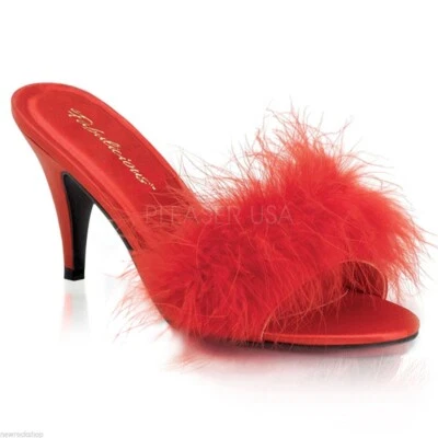 Fabulicious Women's Amour-03 Red Fur Classic Marabou Fluffy Kitten Slide Heels - Image 1 of 4