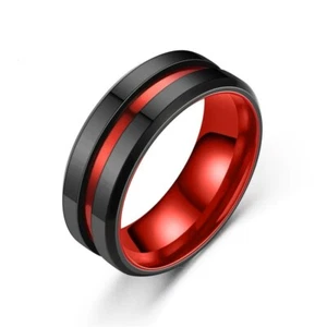 8MM Red Black Polished Titanium Steel Band Male's Stainless Steel Ring Size 6-13 - Picture 1 of 6