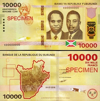 Burundi 10000 Francs 2018, SPECIMEN, ED 0000000, UNC, P-54s - Image 1 of 3