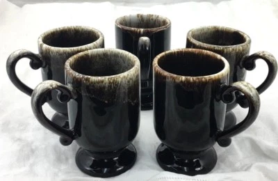 5 tazas de pedestal 4 5/8" gres gourmet marrón goteo Pfaltzgraff Foto 1 de 4