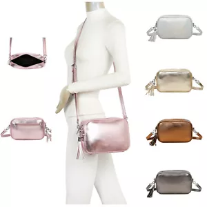Metallic Shine Tassel Plain Woman Faux Leather Small Cross Body Shoulder Bag - Picture 1 of 15