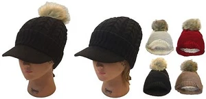 Ladies Women Knit Visor Faux Fur Beanie Warm Delux Hat Ski Pom Pom Beanie Cap - Picture 1 of 12
