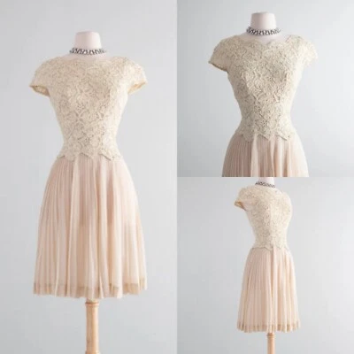 Vintage Champagne Wedding Dresses 1950s Couture Lace Tea Length Bridal Gowns - Image 1 of 4