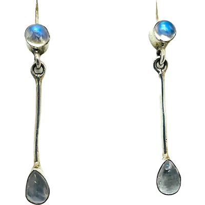 Natural Rainbow Moonstone Double Sterling Silver Drop Dangle Earrings - Image 1 of 4