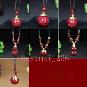 Natural cinnabar round bead carved rune hollow bottle pendant“嘎乌盒” - Picture 1 of 15