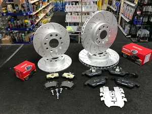 VW GOLF MK6 GTi EDITION 35 BRAKE DISC DRILLED GROOVED BRAKE PADS + BACKING PLATE - Picture 1 of 3