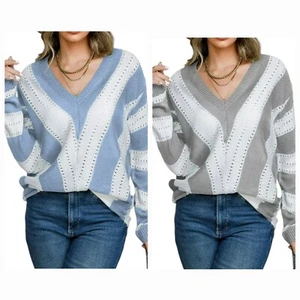 M, L, XXL- Womens Striped V Neck Knitted Sweaters, Fall Winter Sweater Top Tops - Picture 1 of 12
