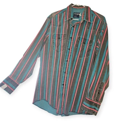 VTG Wrangler Striped Brushpopper Cowboy Farm Western Shirt 16.5x34 X Long Tail - Image 1 of 4