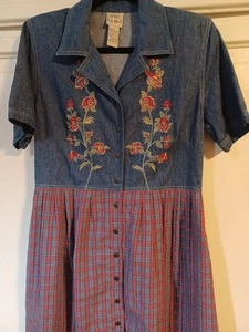 Koret City Blues Size 10 Embroidered Denim & Plaid Maxi Dress Beautiful Vintage - Picture 1 of 11