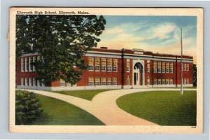 Ellsworth ME, High School Building, Flag Pole, Maine c1948 Vintage PostcardÂ Â  - Picture 1 of 2