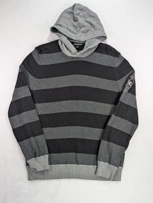 Express Size M Black & Gray Striped Knit Hoodie w/Embroidered Left Arm VTG Y2K - Image 1 of 4