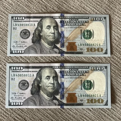 (2) CONSECUTIVE  SEQUENTIAL SERIAL NUMBER $100 DOLLAR BILLS 2017 Uncirculated - Image 1 of 4