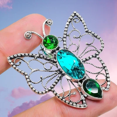 绿色碧玺宝石 925 纯银吊坠 1.77 英寸 V561 — 第 1/4 张图片