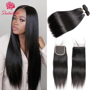 Cabello liso brasileño 7A 3 paquetes con cierre de encaje (8 10 12+12 pieza gratis... - Imagen 1 de 8