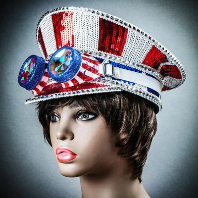 White USA Steampunk Burning Man Goggle Cap Festival Party Captain Sequin Hat NEW - Image 1 of 4