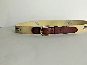 Leather Man Ltd sz 34 Beige Handmade Sail/Sword Fish Motif Canvas Leather Belt - Bild 1 von 9