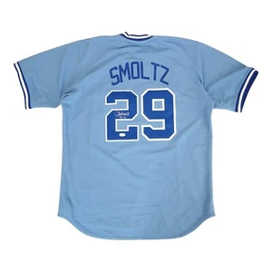 Camiseta deportiva firmada por John Smoltz de los Atlanta Braves de 1980 azul Cooperstown ""96 CY"" JSA - Imagen 1 de 6