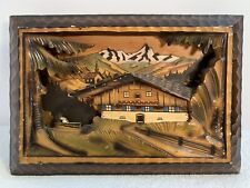 ORIGINAL HAND CARVED 3D SWISS ALPS CHALET WOOD ART PAINTING VINTAGE RARE OLD 