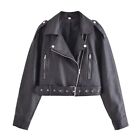 Motorcycle Short PU Leather Jackets Womens Street Slim Fit Belted Coats Outwear