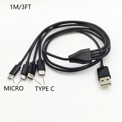 1M 3FT 4 in 1 USB to 2 Type C + 2 Micro Charging Cable Multiple Charging Cable - Image 1 of 4