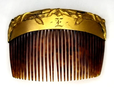 Monogram E Tortoise Shell Bakelite Decorative Hair Comb Brass Top Cattails VTG - Image 1 of 4