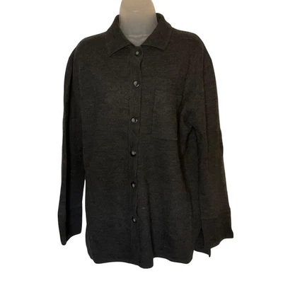 Camisa Cárdigan Rafaella Abotonada Grande Gris 100% Lana Mangas Largas Bolsillo Acogedora Foto 1 de 4