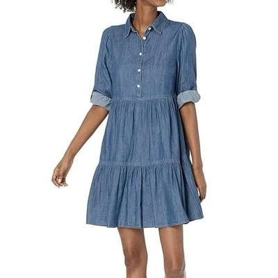 Tommy Hilfiger Womens Chambray Tiered Popover Shirtdress Midi Casual Flowy SZ 10 - Image 1 of 4