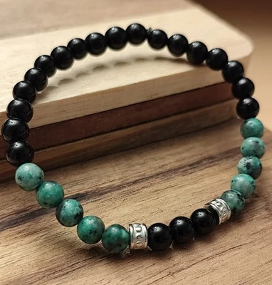 Naturstein Edelstein Armband Perlenarmband Kugelarmband Obsidian/afrik.Türkis - Bild 1 von 2