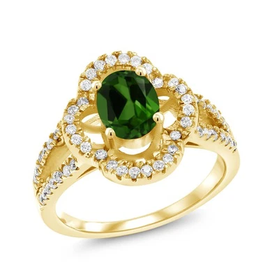 Anillo de plata enchapado en oro amarillo de 18 quilates con diopsido cromado verde ovalado de 1,57 quilates Foto 1 de 4