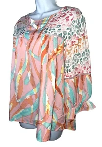 UMGEE Pink Animal Print Popover Tunic Top Balloon Sleeve Ruffle Size Medium - Picture 1 of 7