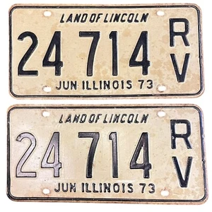 Illinois 1973 Land of Lincoln RV License Plate Set Pair Garage Man Cave - Picture 1 of 2