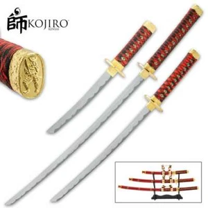 3pc Kojiro Imperial Red Carbon Steel Samurai Ninja Katana Sword Set with Stand - Picture 1 of 4