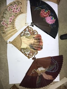 Japanese Hand Painted Fans, Wooden, Wax Paper, Japan Made (x4) - Picture 1 of 23