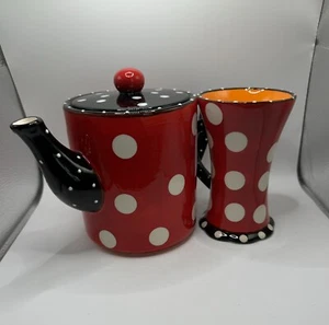 Vintage Pier 1 Imports Tea Pot And Mug Red White Black Polka Dots Kitschy Fun. - Picture 1 of 12