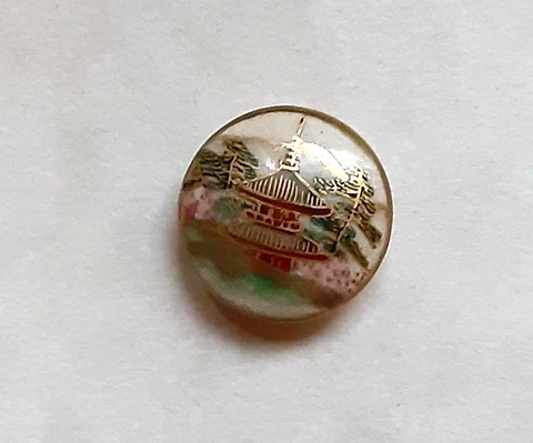 Antique Vintage Painted SATSUMA Ceramic Button-Asian Building Temple 5/8" Cover