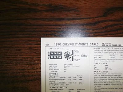 1970 Chevrolet & Monte Carlo EIGHT Series 9-1 Comp 400 CI V8 4BBL Tune Up Chart - Image 1 of 4