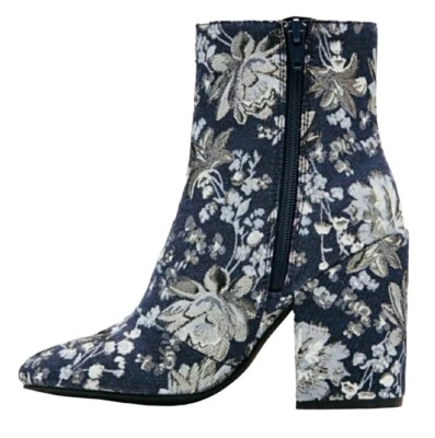 Botas al tobillo Merona Denim plateadas tapiz tacón bloque brocado floral para mujer 5,5 Foto 1 de 4