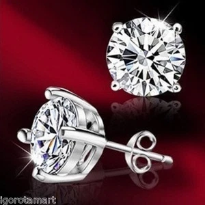 MEN BOY 925 SILVER DIAMOND CUT CRYSTAL EAR STUDS EARRINGS EARINGS BLING GIFT - Picture 1 of 2