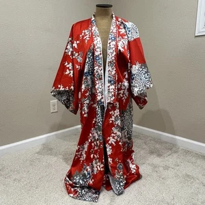 Japanese Asian Flower Polyester Kimono Dress Nightgown Red - Picture 1 of 18