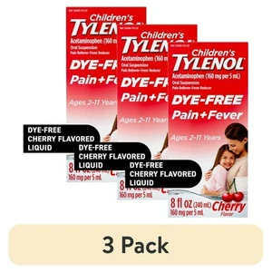 (3 pack) Children's Tylenol Pain + Fever Medicine, Dye-Free, Cherry, 8 fl. oz - Picture 1 of 11