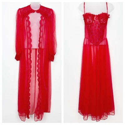 Conjunto de Lingerie Fantasia Antigo (2) Vestido + Roupão Feminino Grande Vermelho Transparente Vamp Coquette - Imagem 1 de 4