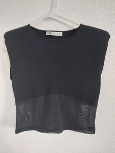 Zara Womens Size M Black Crop Sleeveless Top Mesh Bottom Shoulder Pads - Picture 1 of 4